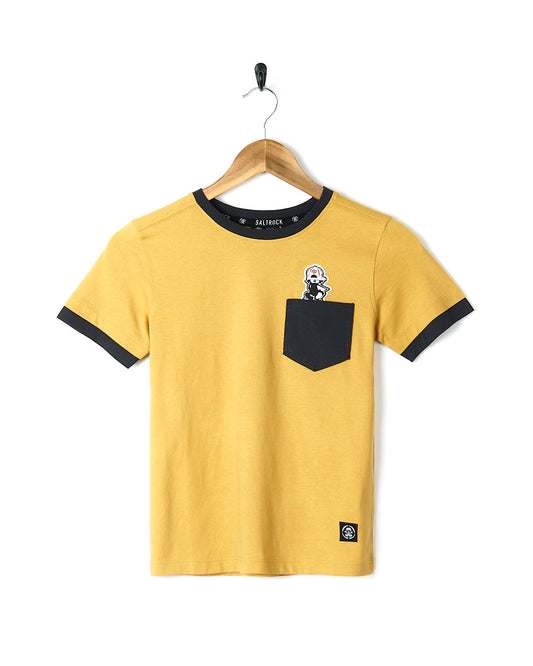 A 100% cotton Saltrock Tok Walk T-Shirt for active kids with a black pocket.