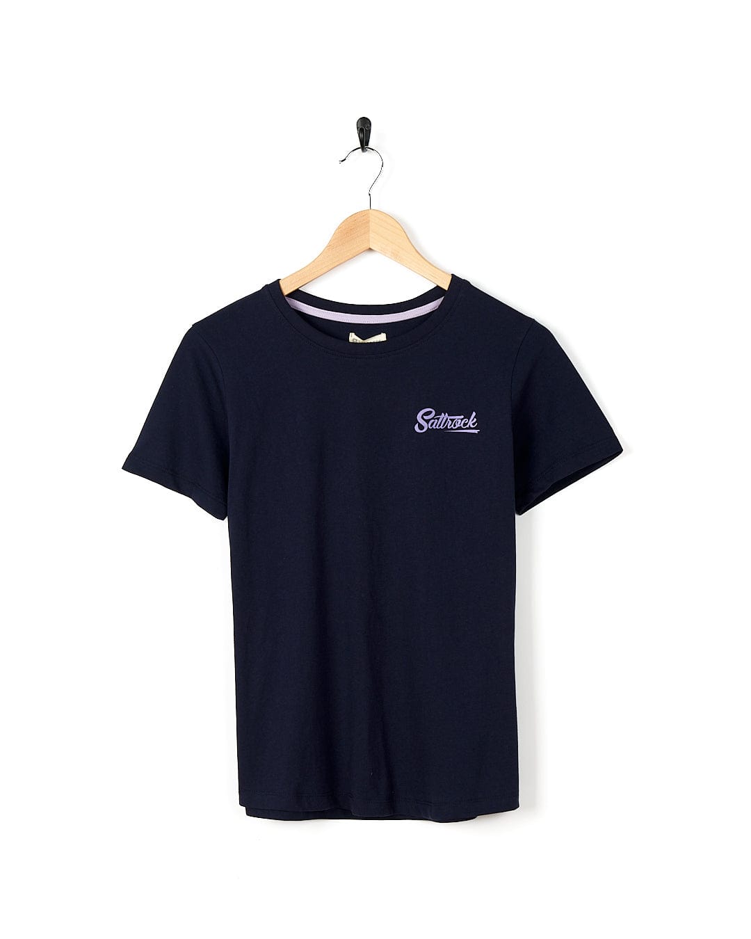 a Saltrock navy t-shirt with a purple logo on it.