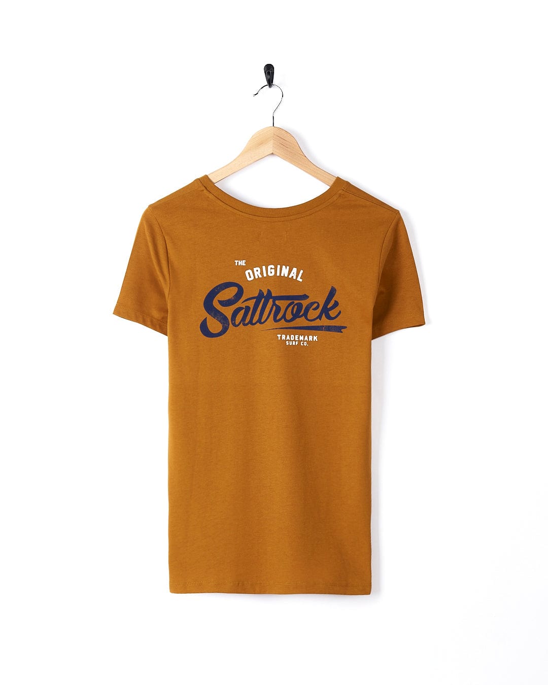 A lightweight women's t-shirt with Saltrock branding and the word "saltrock" on a Trademark - Womens Short Sleeve T-Shirt - Yellow crew neck tee.