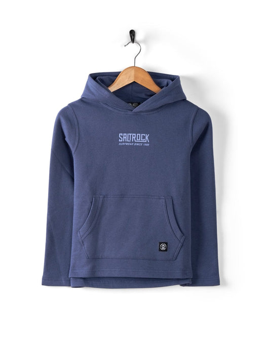 A blue Tribal SR Kids Recycled Pop Hoodie by Saltrock, features "SATROCK" on the chest, a small logo on the kangaroo pocket, and is made from recycled materials.