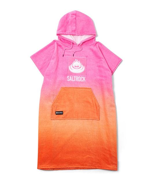 Pink and orange gradient Tropic Dip hooded towel, made from 100% cotton, with a Saltrock logo and a central pocket, displayed on a white background.