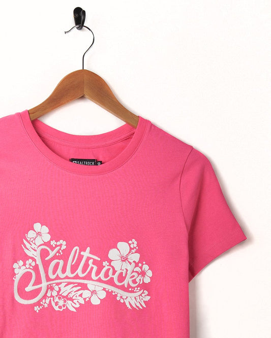 A Tropic - Womens T-Shirt - Pink with the word Saltrock on it.