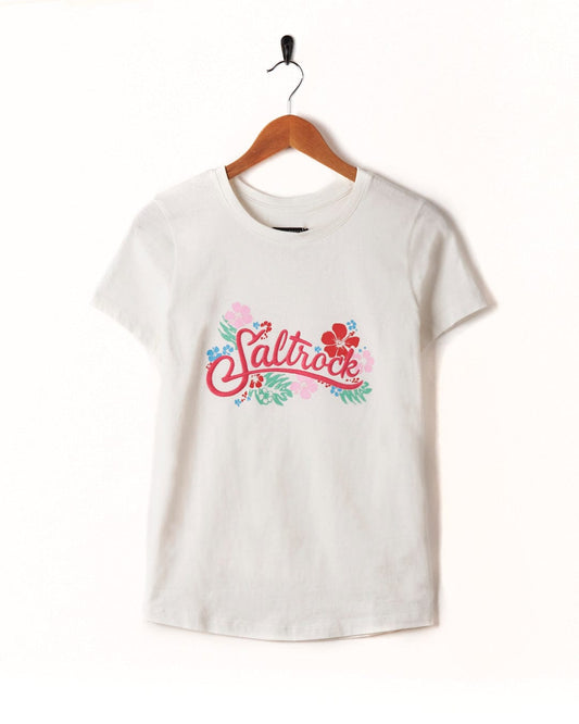 A white Tropic - Womens T-Shirt with the word "sailor" embroidered on it, featuring Saltrock branding.