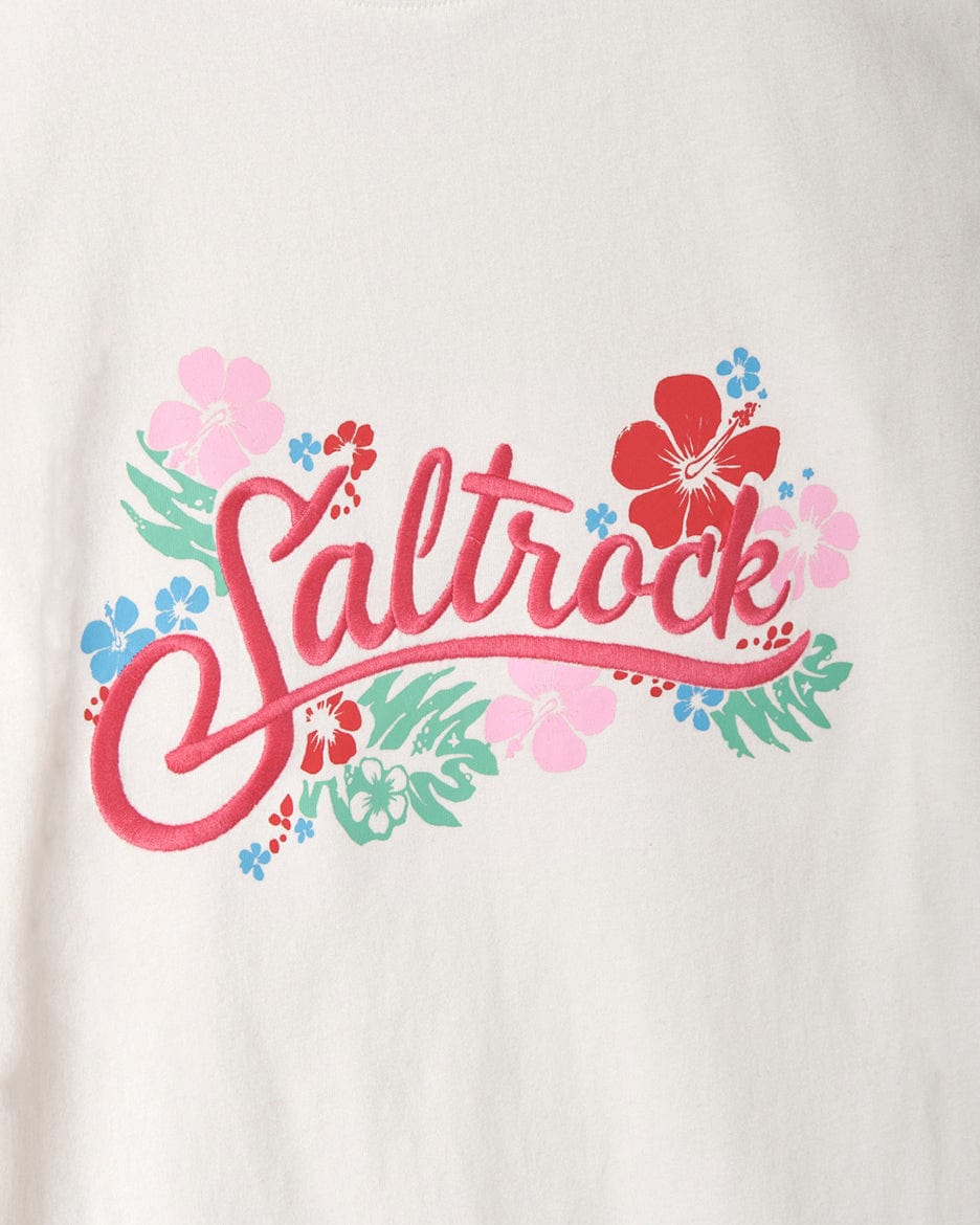 A Tropic white t-shirt with the word Saltrock embroidered on it.