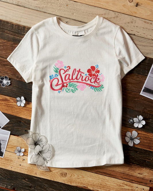 A white Tropic t-shirt with the word Saltrock embroidered on it.