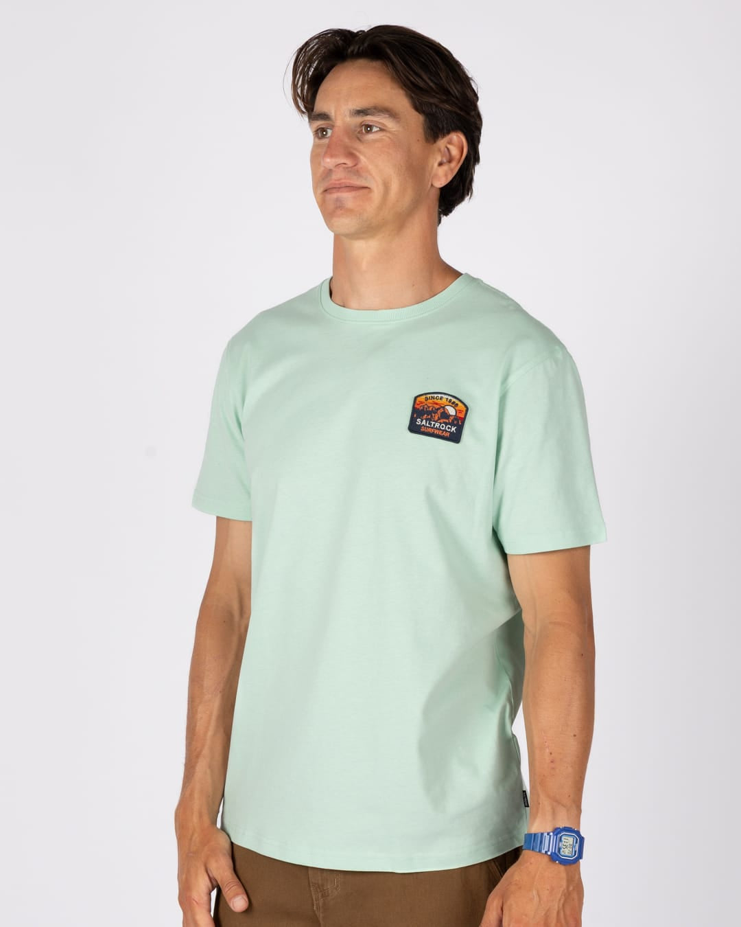 Mountain Mens Stripe Badge Classic Short Sleeve T-Shirt In Light Green