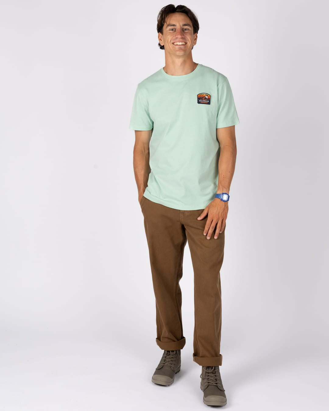 Mountain Mens Stripe Badge Classic Short Sleeve T-Shirt In Light Green