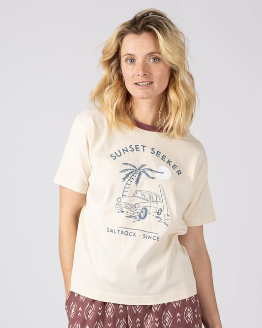 Sunset Seeker Womens Boxy Short Sleeve T-Shirt in Cream