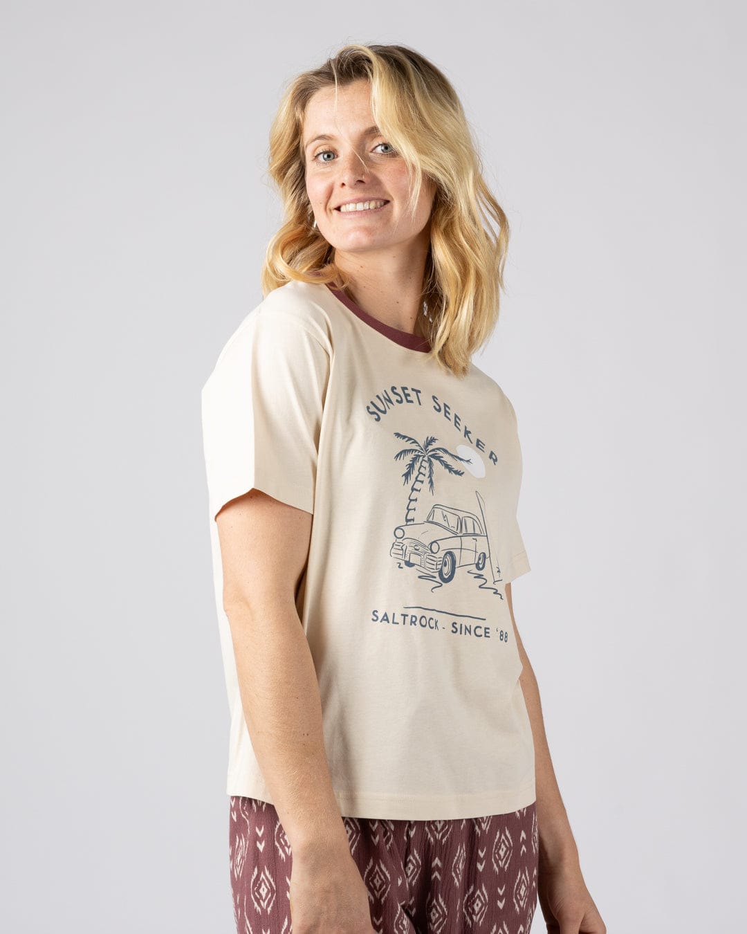 Sunset Seeker Womens Boxy Short Sleeve T-Shirt in Cream