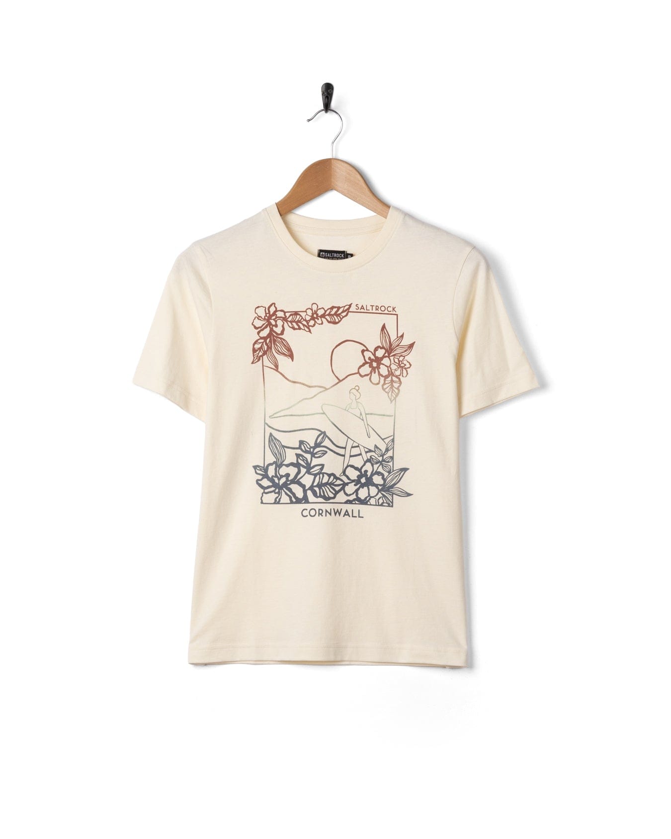 Beige t-shirt with floral design and text on a hanger against a white background