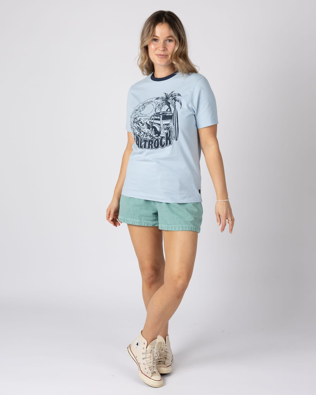 Beach Van Womens Short Sleeve Tee in Light Blue