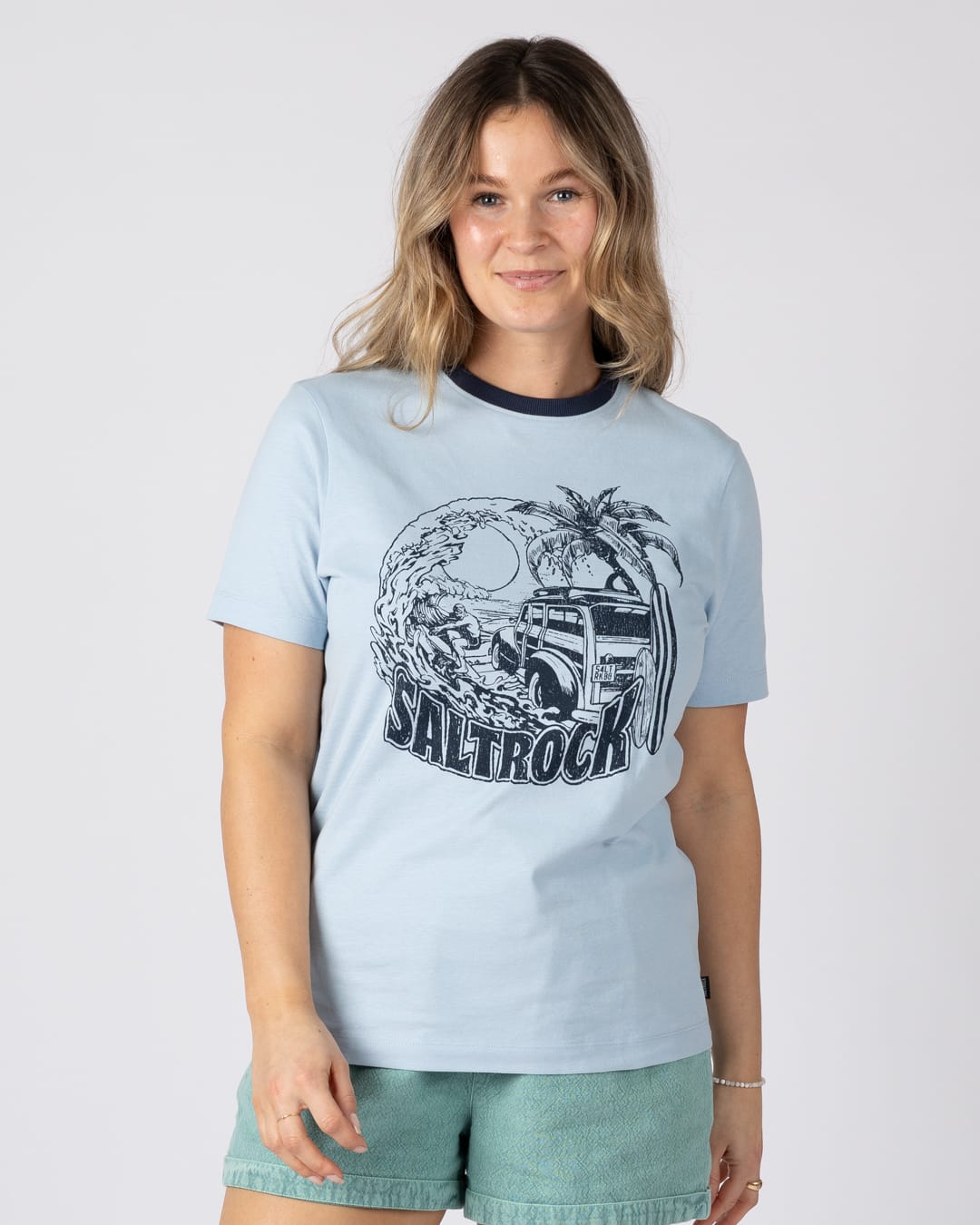 Beach Van Womens Short Sleeve Tee in Light Blue