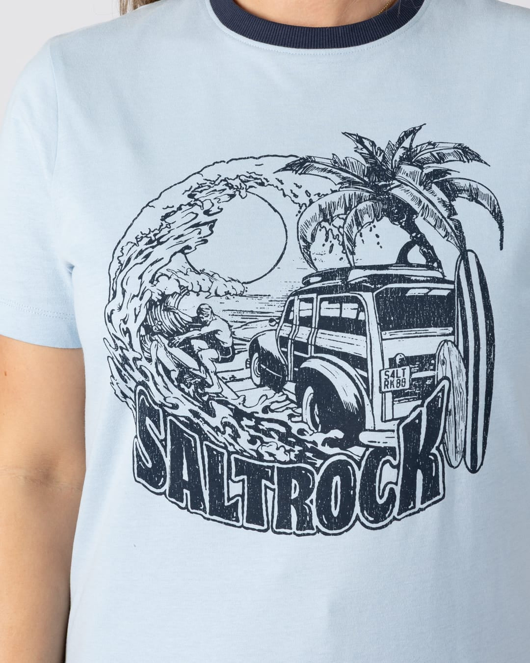 Beach Van Womens Short Sleeve Tee in Light Blue