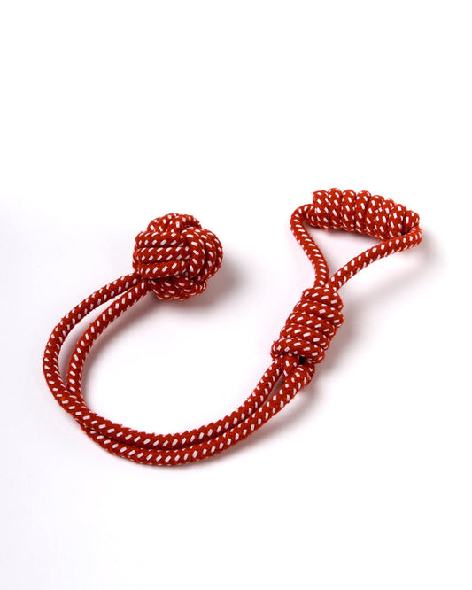 A Saltrock Tug - Dog Rope Toy - Red with a knot on it for dogs to play fetch with.