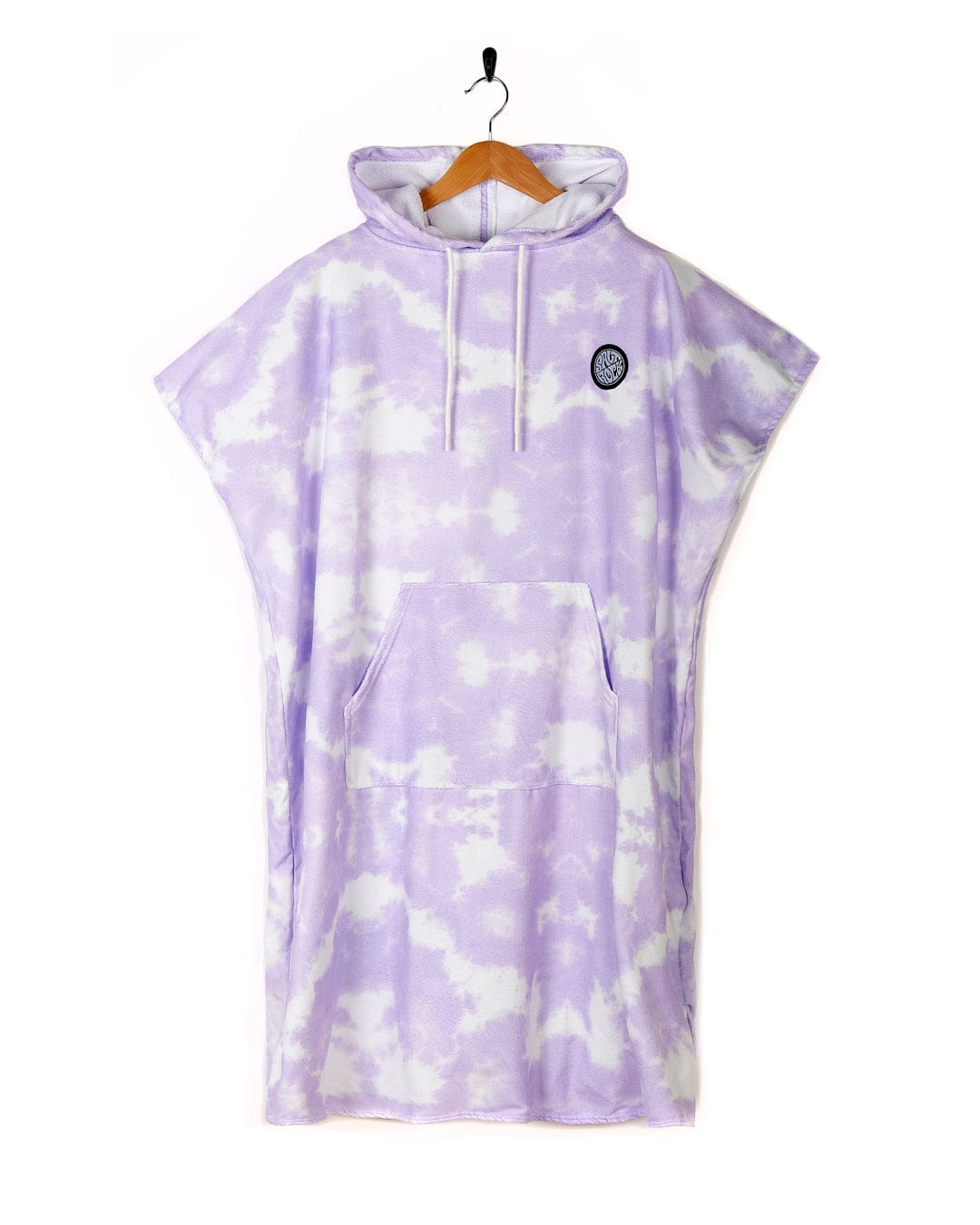 Purple and white Ubud - Womens Tie Dye Changing Towel - Light Purple hooded changing towel with a front pocket, displayed on a hanger against a white background by Saltrock.