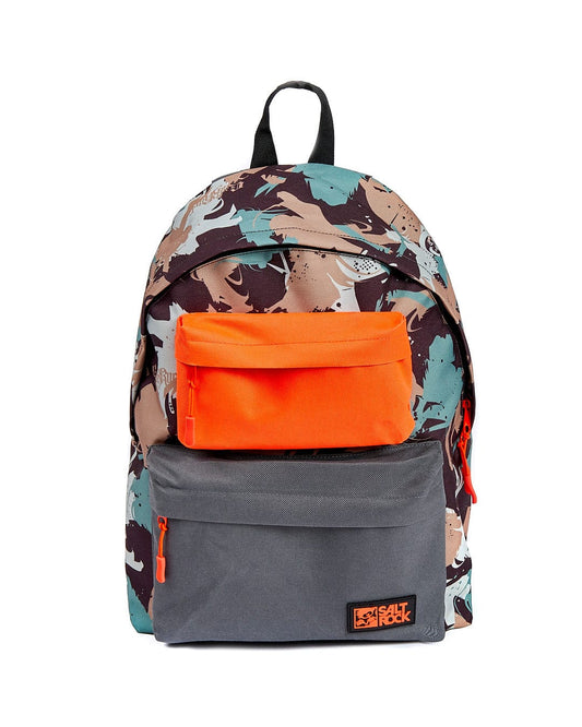 A Uni-Camo backpack with an orange and grey camouflage print, perfect for beach days.