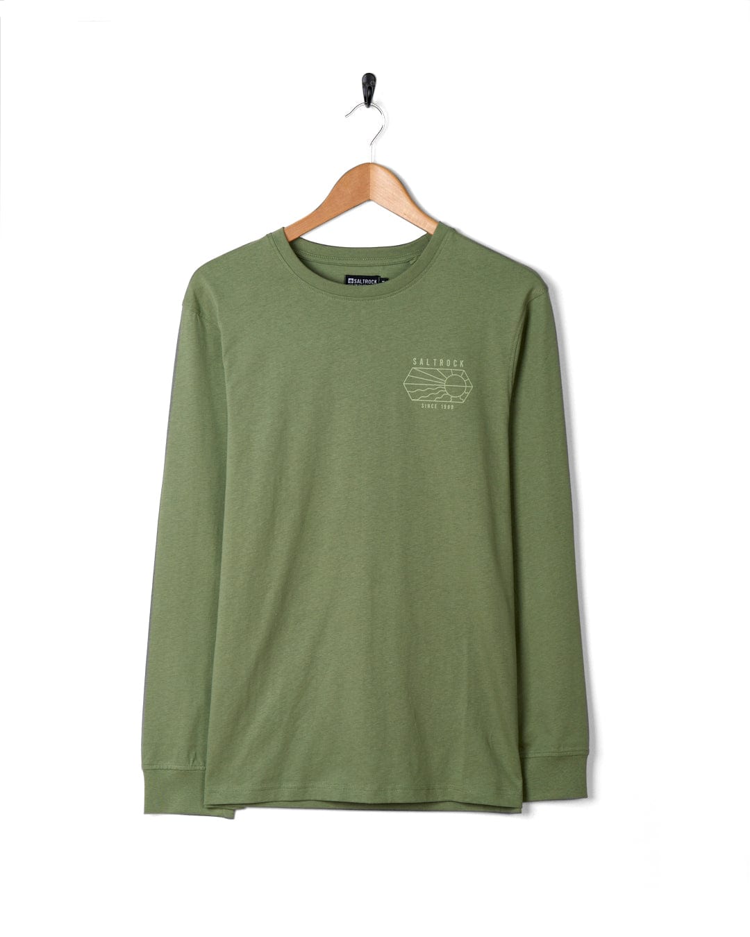 A Vantage Outline - Mens Long Sleeve T-Shirt in green from Saltrock gracefully hangs on a hanger.