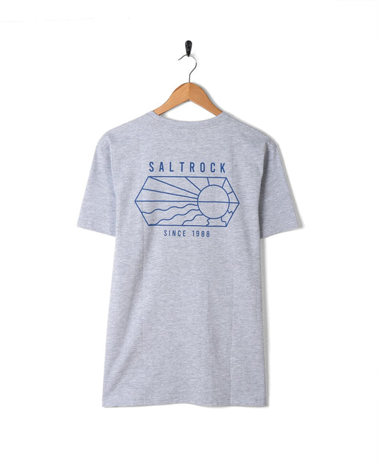A Saltrock grey t-shirt with a blue logo, made of soft material.