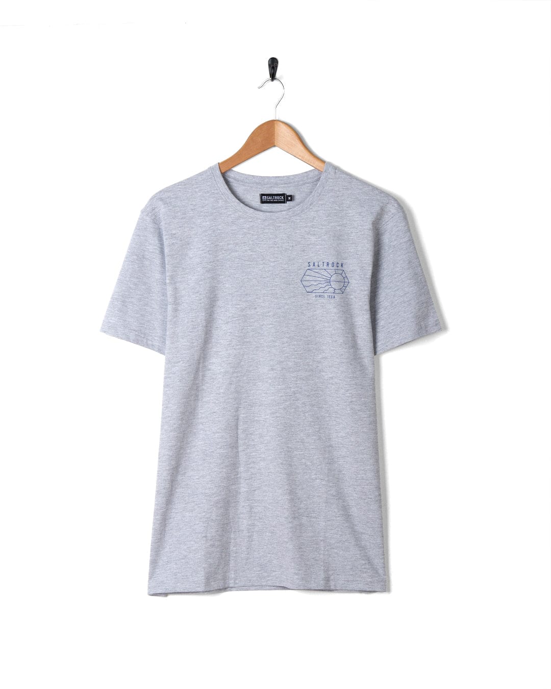 A Vantage Outline - Mens Short Sleeve T-Shirt - Grey Marl with a blue logo and crew neckline, featuring Saltrock branding.