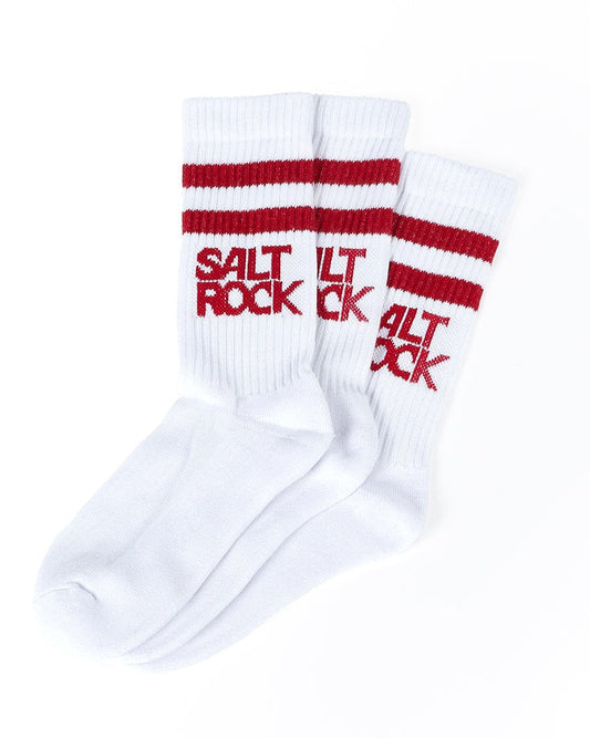 A pair of Varsity - Kids 3 Pack Socks - Red with the brand name Saltrock on them.