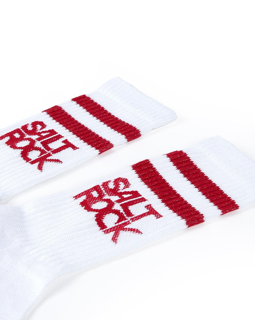 A pair of Varsity - Kids 3 Pack Socks - Red with the brand name Saltrock written on them.