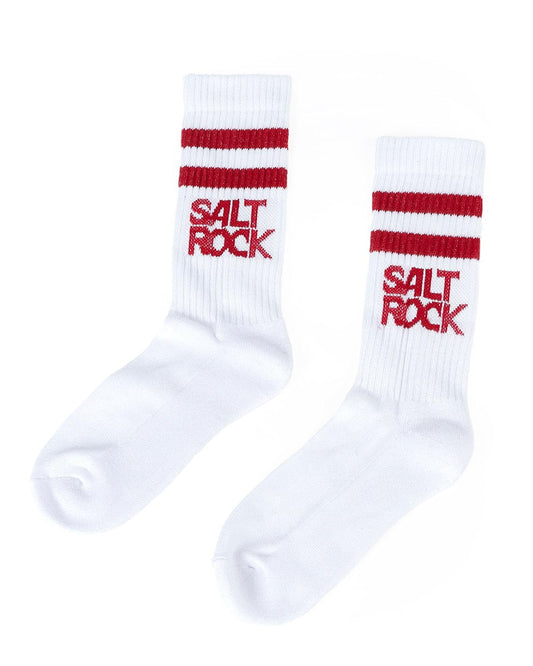 A pair of white and red socks with the word Saltrock on them, the Varsity - Kids 3 Pack Socks - Red.