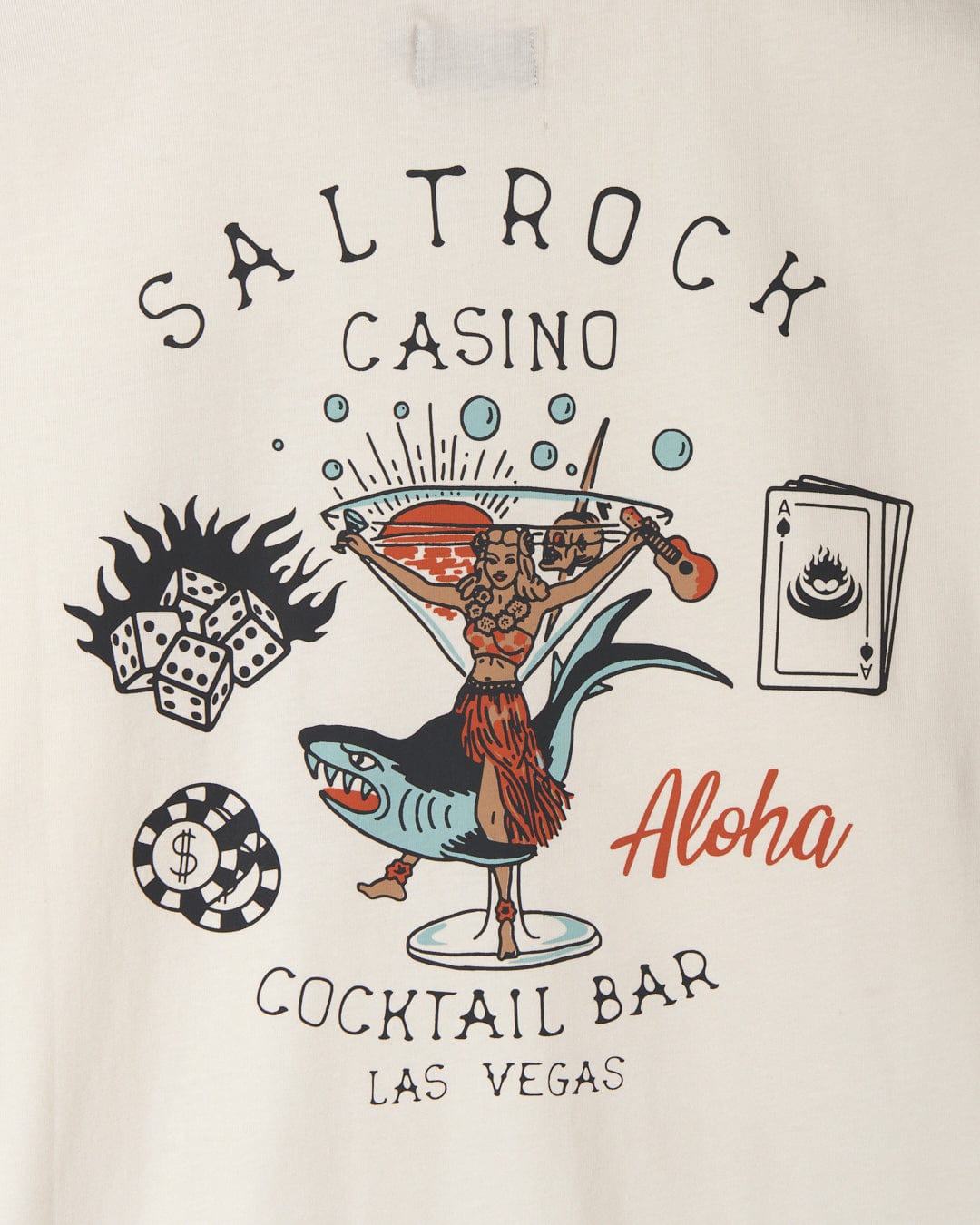 Graphic print on a crew neckline t-shirt featuring Vegas Cocktail - Mens Short Sleeve T-Shirt - White by Saltrock, a cocktail glass with a shark, dice, playing cards, and the word "aloha.