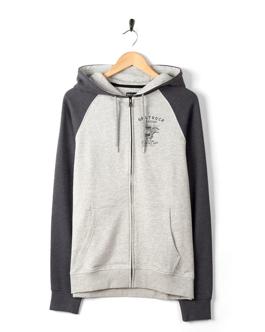 Gray and black marl effect Vegas Cocktail - Mens Raglan Zip Hoodie - Grey with zipper hanging on a wooden hanger against a white background. (Saltrock)