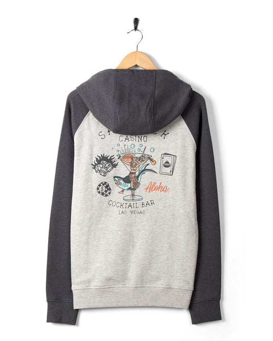 Vegas Cocktail - Mens Raglan Zip Hoodie - Grey by Saltrock with printed graphics hanging on a white wall.
