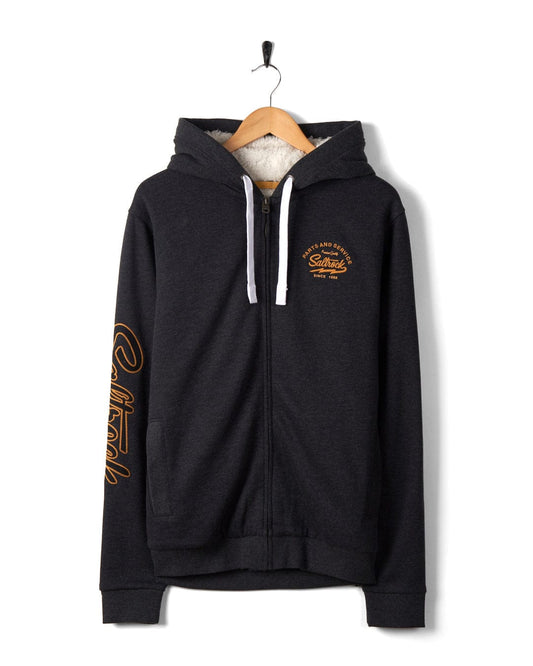 Saltrock's Vegas Script - Mens Borg Lined Zip Hoodie in Grey, hanging on a wooden hanger against a white background, featuring gold cursive text and a circular logo on the left chest.