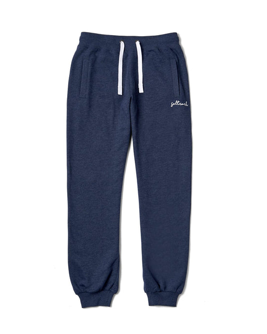 Navy blue Velator sweatpants with Saltrock branding, drawstring, and cuffed ankles on a white background.