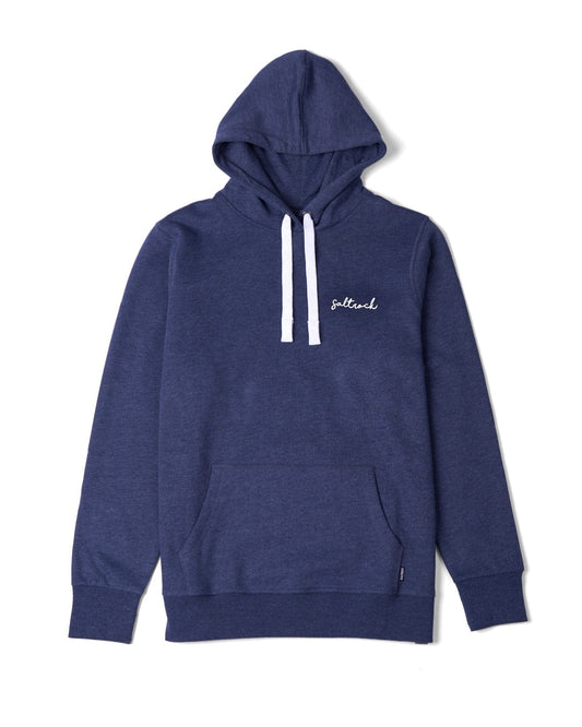Saltrock Velator - Womens Pop Hoodie - Dark Blue with a front pocket and contrasting white drawstrings, featuring Saltrock branding on the left chest.