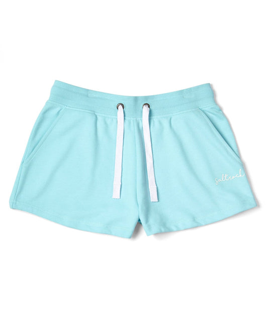 Light blue Saltrock women's Velator athletic shorts in jersey material with a white drawstring and cursive logo on the left leg.