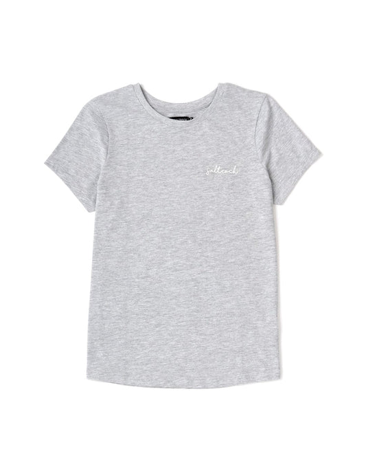 A grey Velator - Womens Short Sleeve - Grey Marl t-shirt with a white Saltrock branding logo on it.