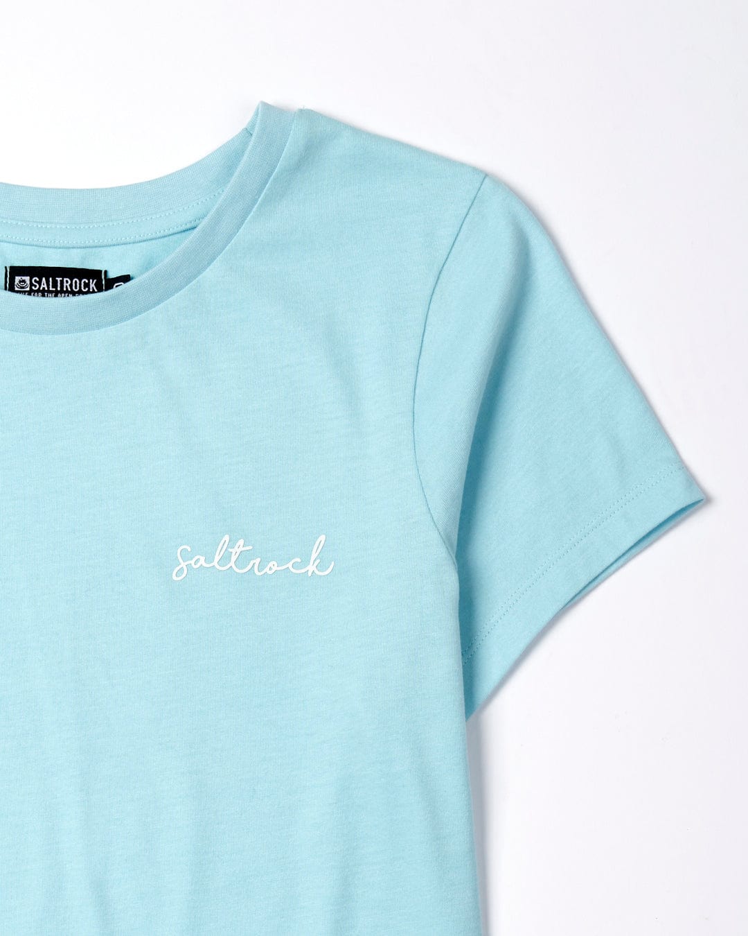 Velator - Womens Short Sleeve T-Shirt - Light Blue with the word "Saltrock" written in small script on the chest, displayed on a white background.