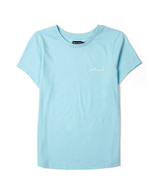 A Saltrock Velator - Womens Short Sleeve - Light Blue t-shirt with a peached soft hand feel finish displayed on a white background.