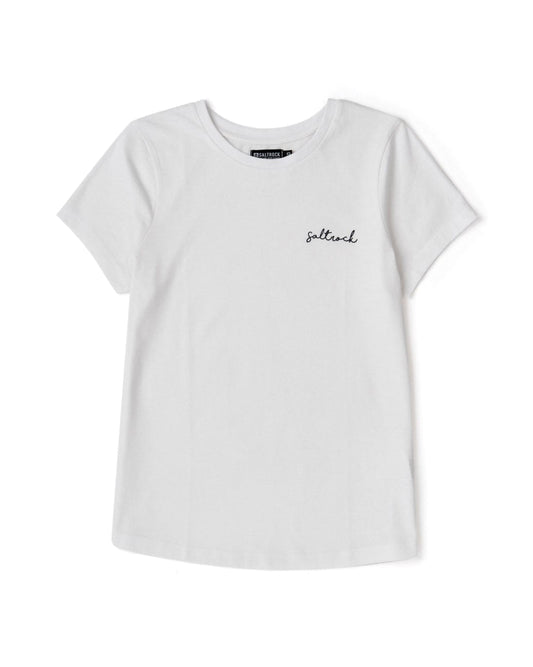 A Velator - Womens Short Sleeve T-Shirt - White with a black Saltrock logo on it.