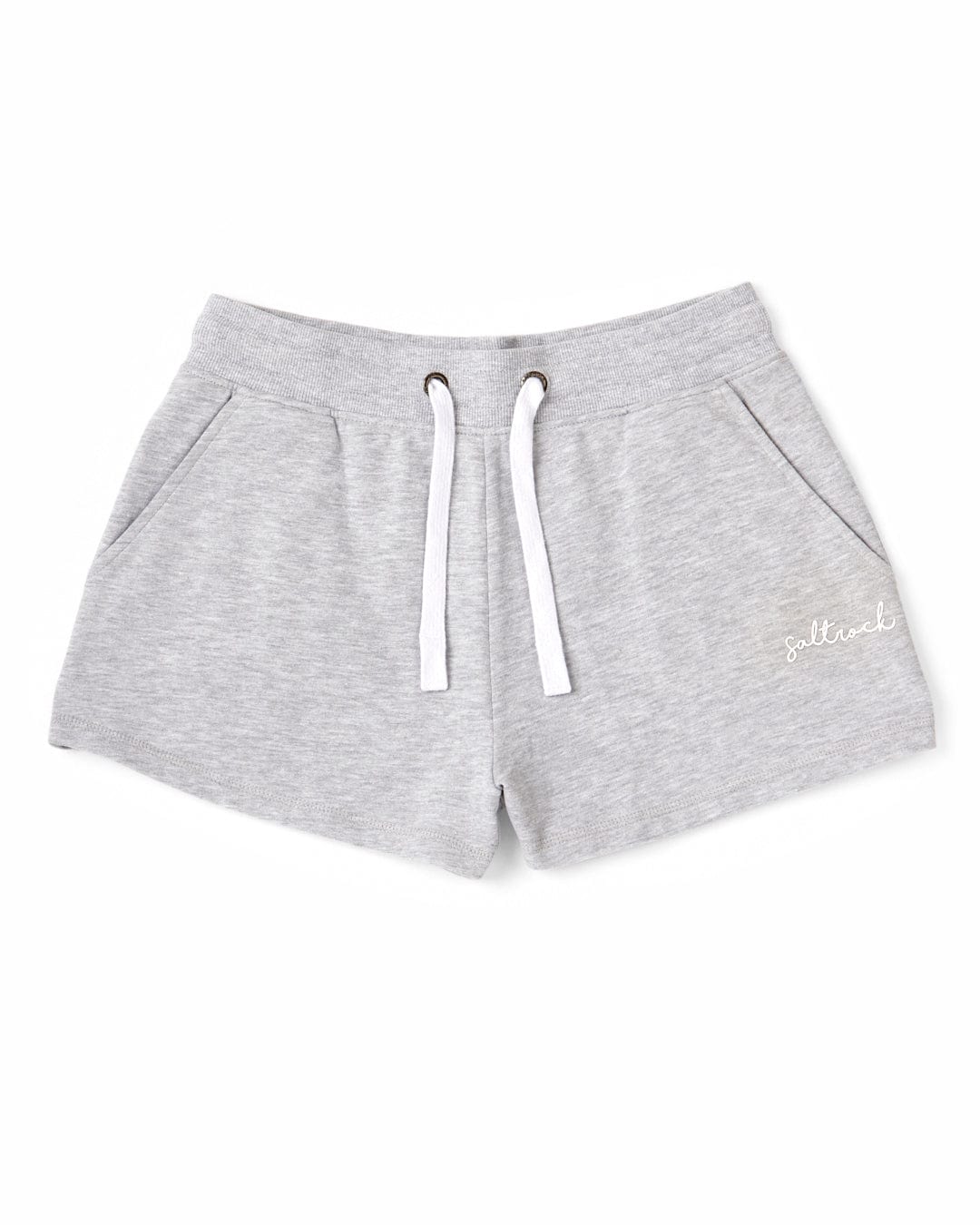 A girl's Velator - Womens Sweat Short - Grey with a white Saltrock branding logo, made from soft jersey material.