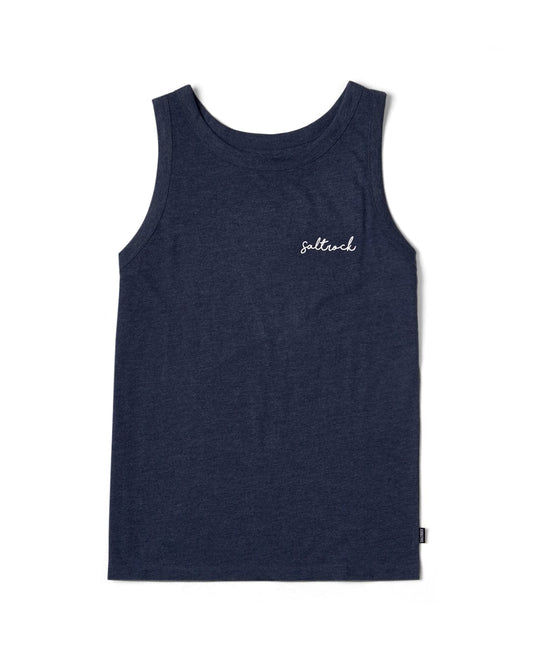 Saltrock navy blue tank top with a crew neckline and the word "soltrack" embroidered in small, white cursive on the front, displayed against a white background.