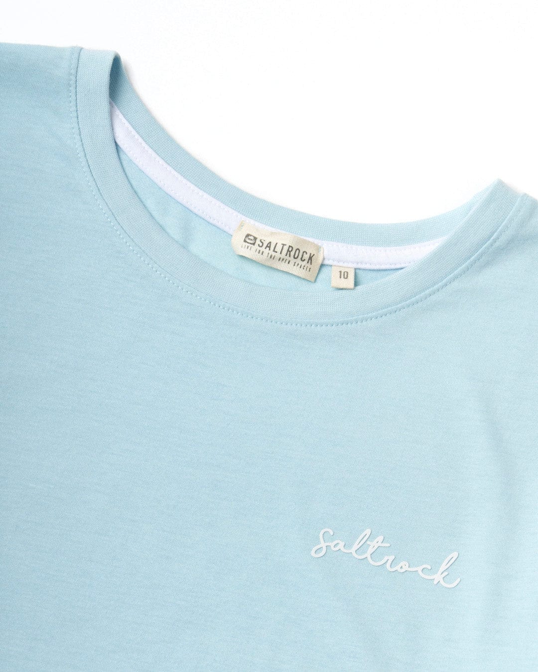 A Saltrock Velator - Womens Short Sleeve T-Shirt - Light Blue with the word 'salty' embroidered on it.