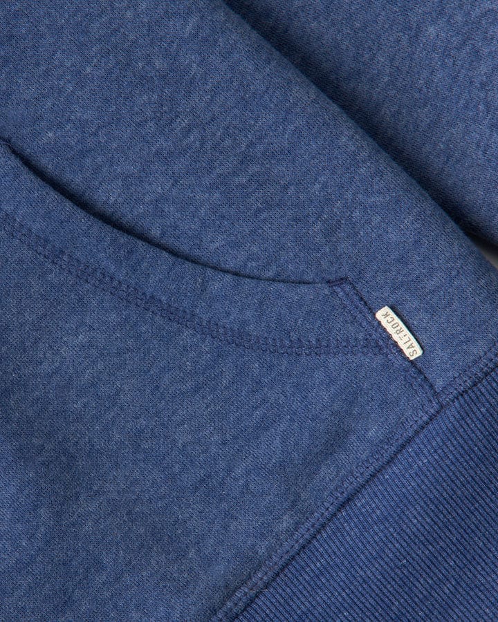 A close up of the pocket of a soft blue Saltrock Velator - Womens Pop Hoodie - Blue sweatshirt.