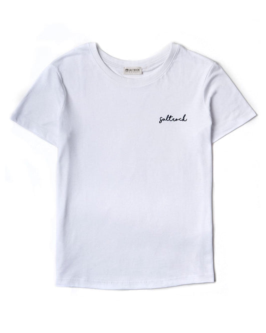 A staple Saltrock t-shirt from the Velator - Womens Short Sleeve T-Shirt - White range, featuring an embroidered 'love' word on a white background.