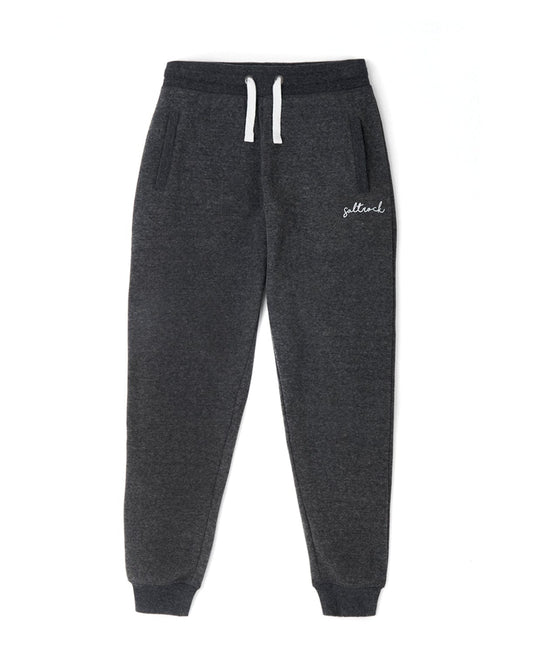 Dark grey Velator joggers with elasticated waist and cuffed ankles on a white background by Saltrock.