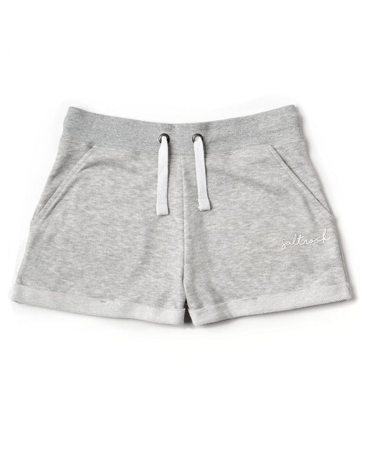 A women's Velator - Womens Sweat Shorts - Light Grey with a white logo featuring Saltrock branding.