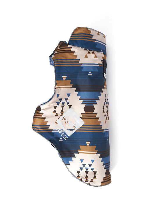 A blue and tan aztec pattern on a white background with waterproof properties, the Waga - Water Resistant Padded Dog Jacket in Blue from Saltrock.