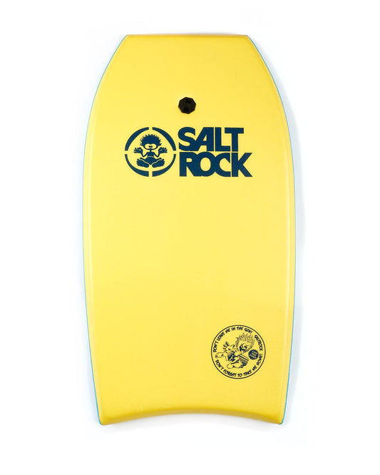 A yellow Warp 37" Bodyboard - Blue with the Saltrock logo on it.