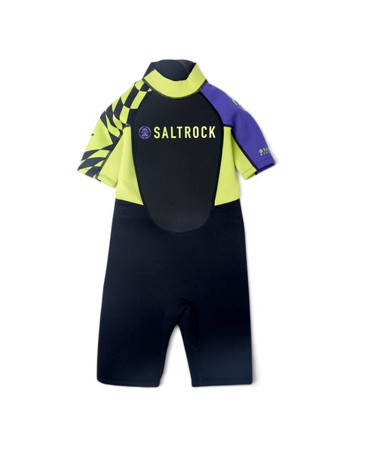 Child's Warped - Kids 3/2 Back Zip Wetsuit in Black on white background, featuring black, yellow, and blue colors with "Saltrock" logo on the chest.