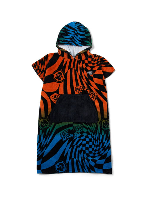 A colorful hooded poncho with vibrant blue and orange striped patterns and circular logos, displayed on a white background, featuring an oversized hood. 
Saltrock's Warp Icon - Kids Changing Towel - Blue/Orange