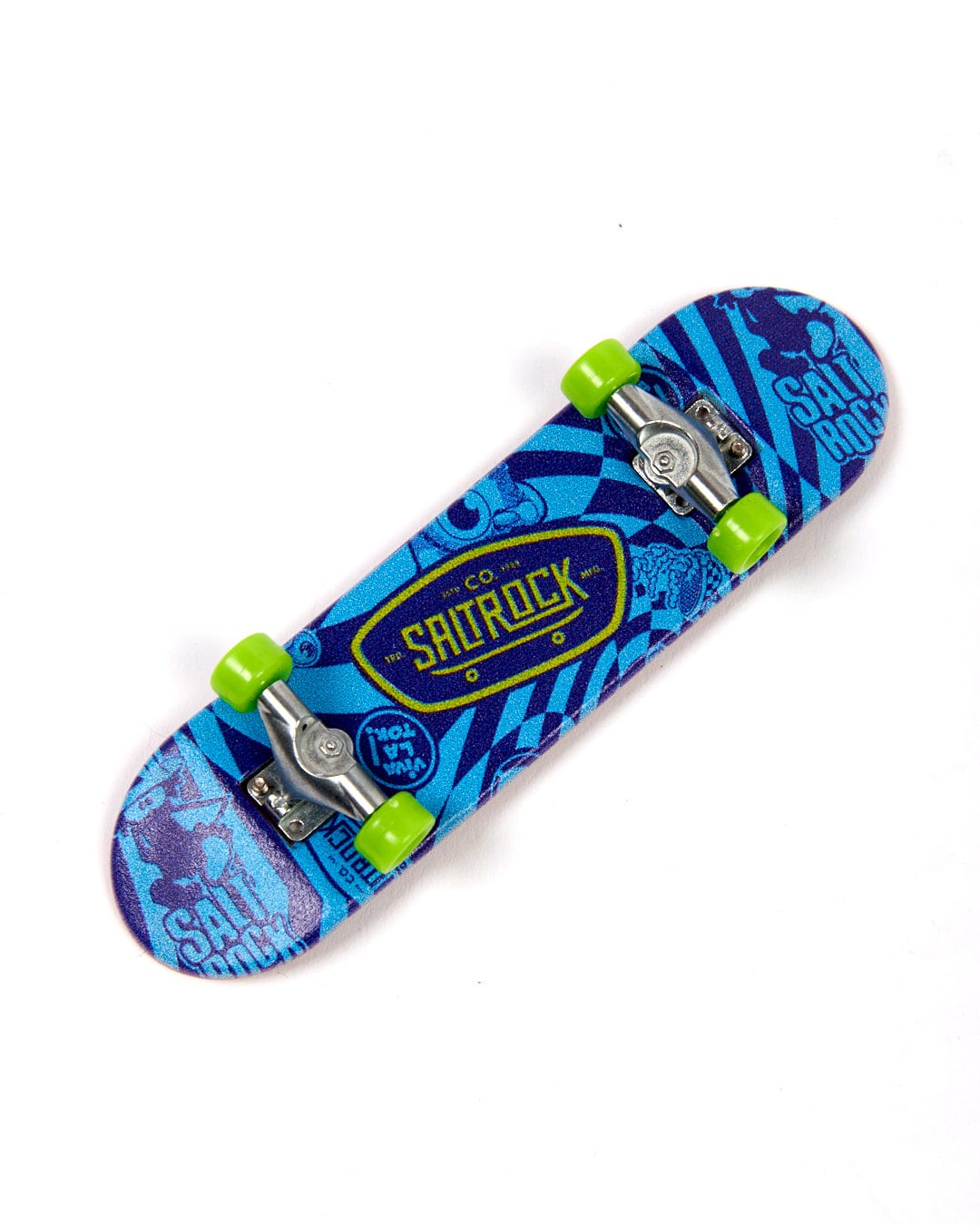 A Warp Icon finger skateboard by Saltrock with a blue and green design.