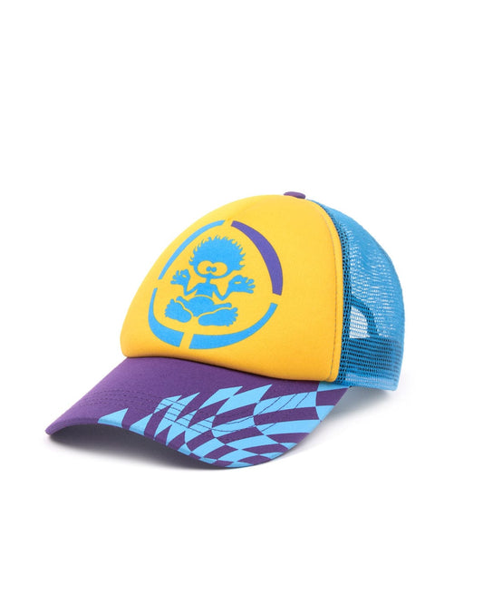 Yellow and blue Warp Icon - Kids Mesh Back Trucker hat with a Tok graphic emblem and an adjustable strap by Saltrock.